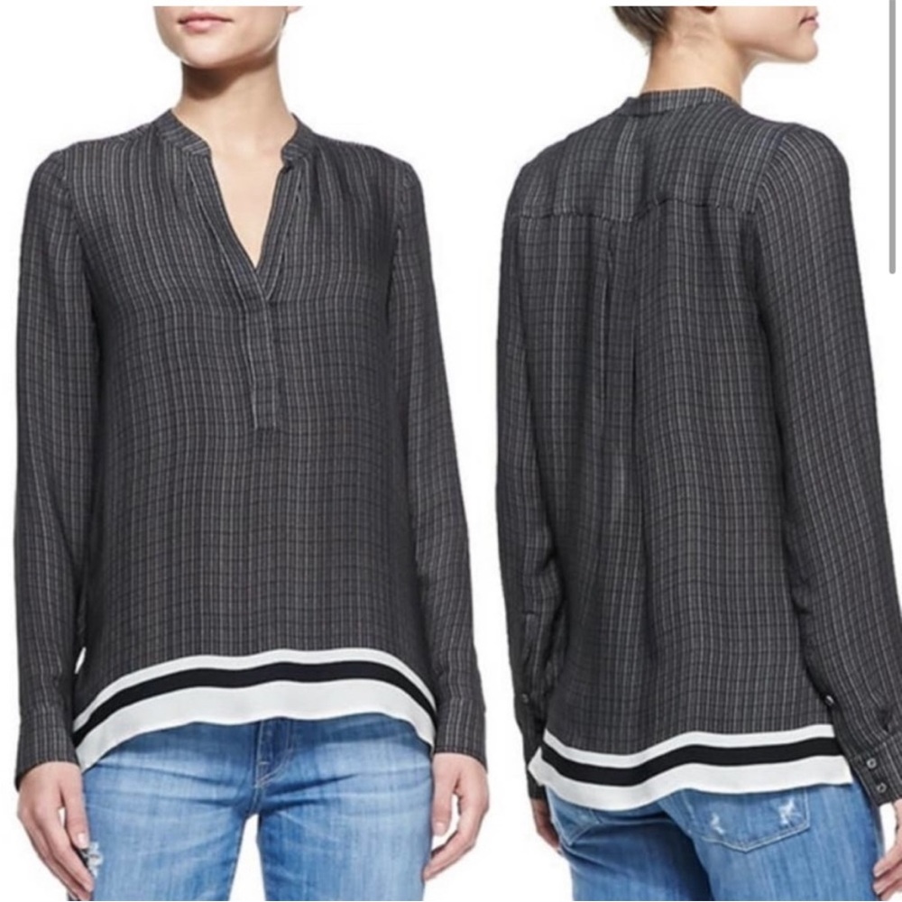 Vince Black & Cream Georgette Printed Long Sleeve Silk Top Blouse V Neck Size M